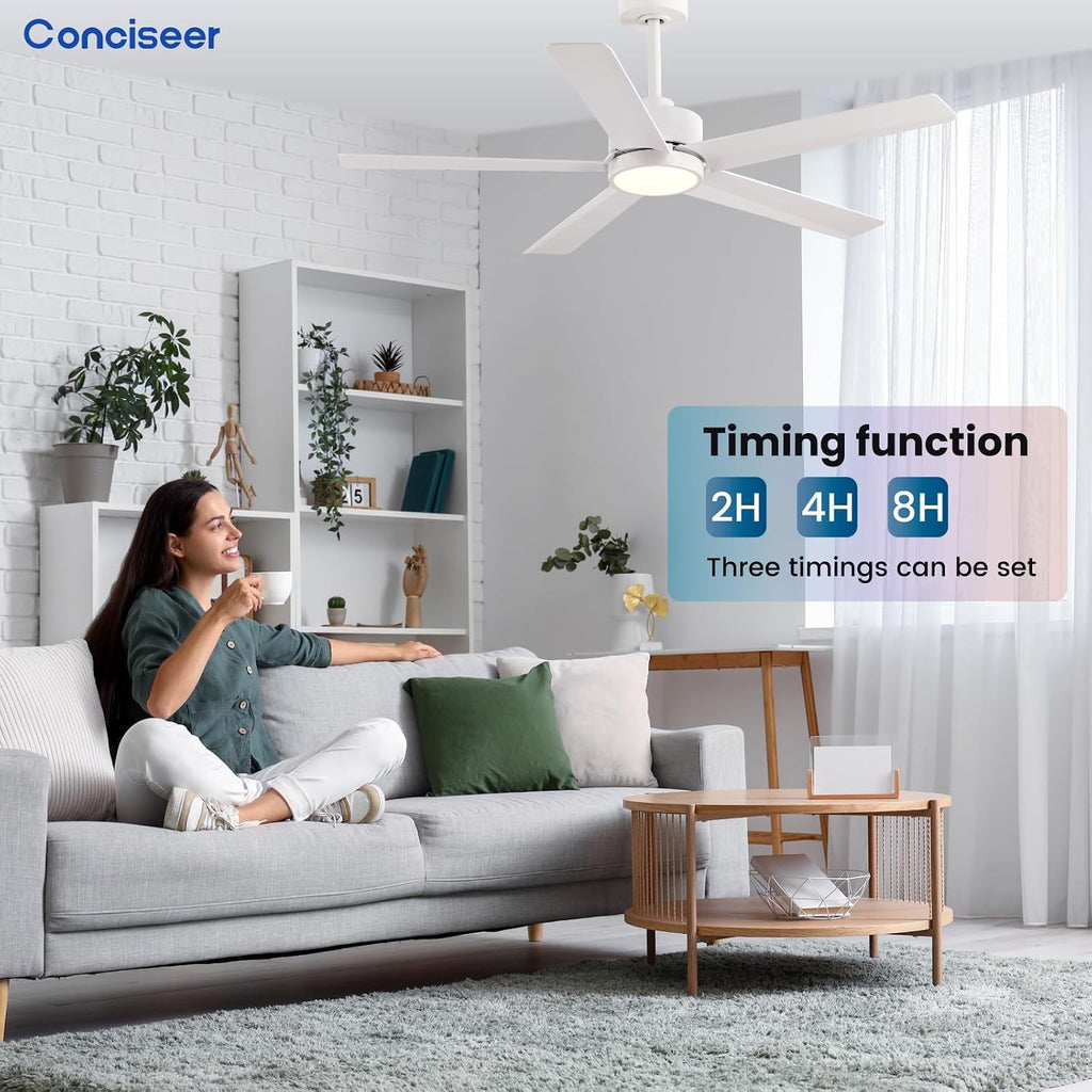 Conciseer Modern Ceiling Fans with Lights,52 Inch Ceiling Fans with Remote for Bedroom Living Room Kitchen, 18W 3CCT Dimmable，5 Blades 6 Speed Reversible Quiet DC Motor White