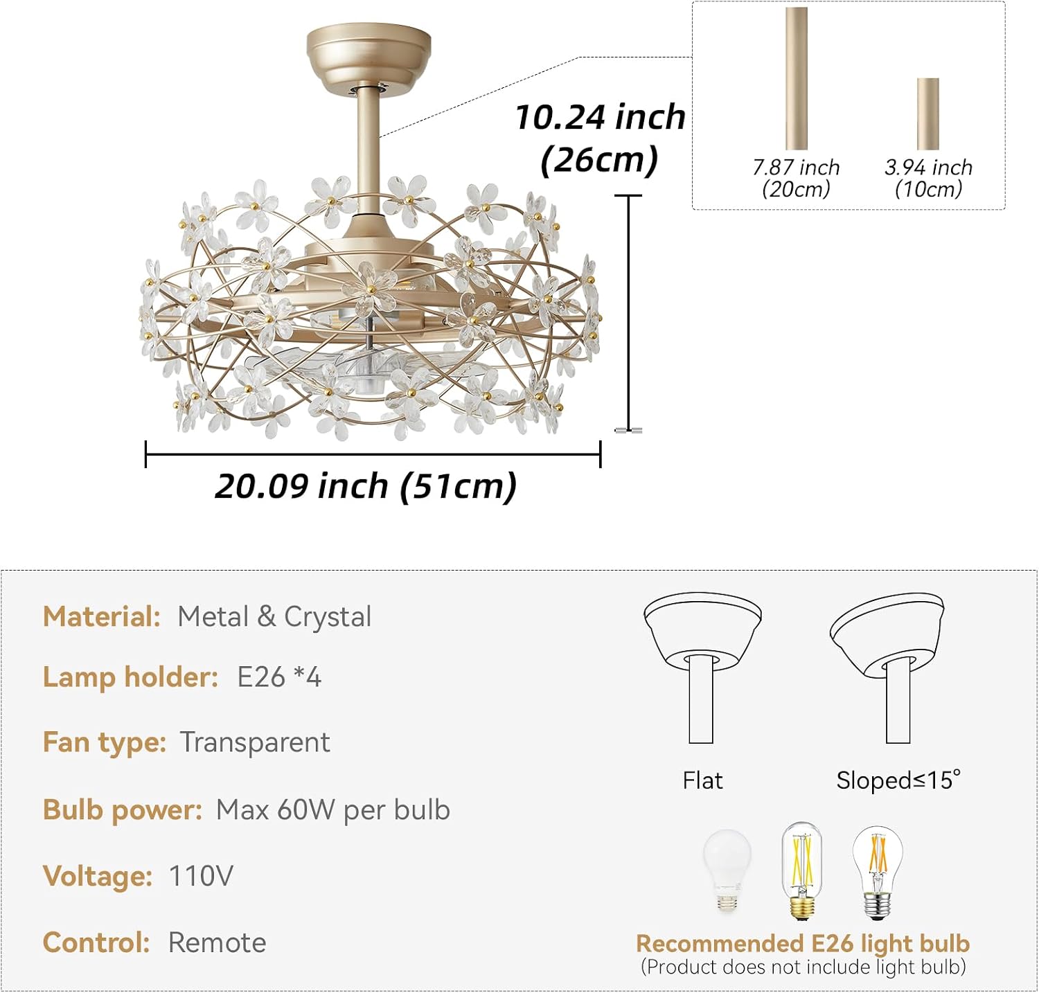 20' Gold Crystal Fandelier Ceiling Fans with lights, Gold Caged Flower ceiling fan with Remote Control, Chandelier with 6 Speeds for Bedroom, Nursery, Living Room