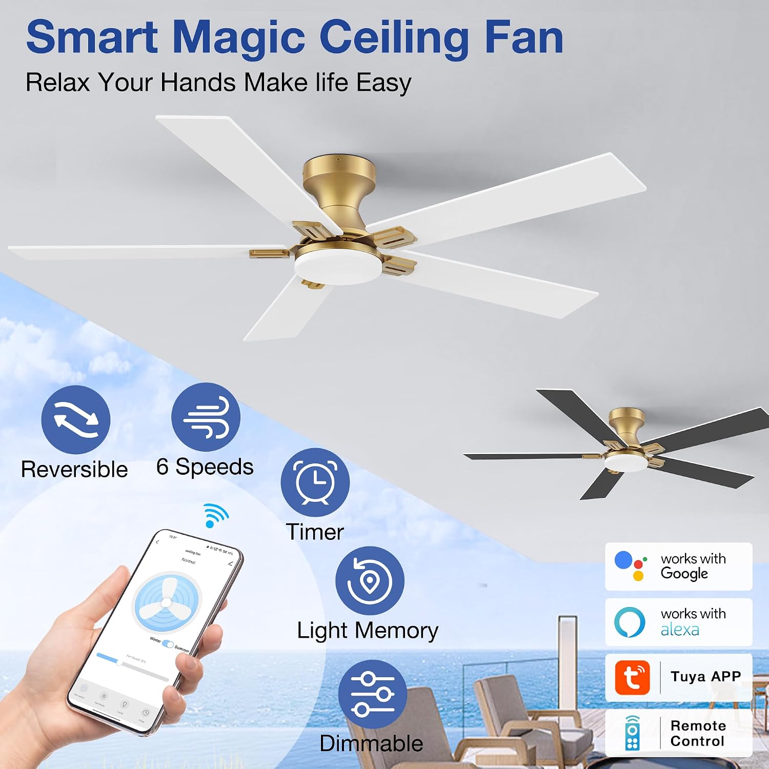52 Inch Ceiling Fans with Lights,Smart Low Profile Ceiling Fan with Light and Remote Control,Modern Flush Mount Ceiling Fans for Bedroom,Patio,Porch,Outdoor Indoor Use,in Black White and Gold,Quiet