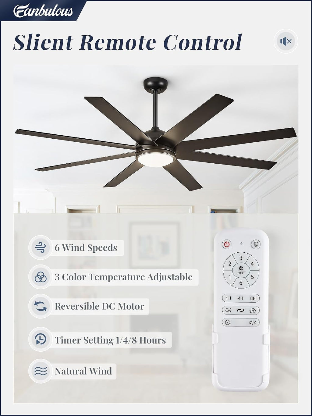 Fanbulous Ceiling Fan with Light, 72 inch Large Black Ceiling Fan with Light and Remote, Indoor/Outdoor use for Living Room Patio, 6 Speeds, Reversible Quiet DC Motor, 3 CCT, 8 Blades