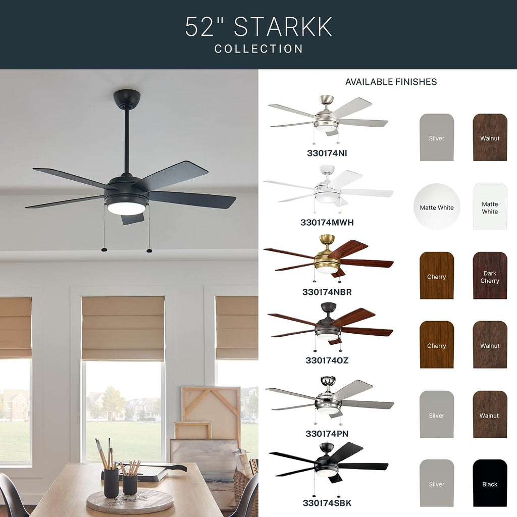 Kichler Starkk 52' Ceiling Fan with LED Lights in Brushed Nickel, 5-Blade Traditional Fan with reversible Silver/Walnut blades, 3000K, (52' W x 13.75' H), 330174NI