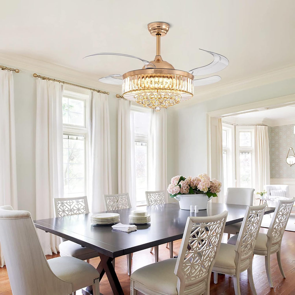 48 Inch Crystal Ceiling Fan with Light and Remote Modern Dimmable Fandelier Invisible Retractable Chandelier Fan Gold for Bedroom Living Room