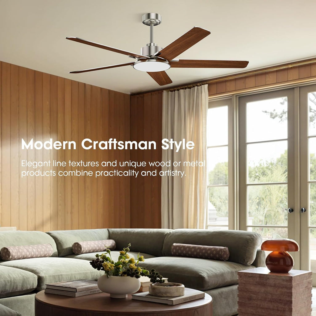 Ceiling Fans with Lights and Remote Control, 52 Inch Modern Ceiling Fan with 3CCT Dimmable LED, 6 Speeds, Quiet Reversible DC Motor, Timer, Nickel Ceiling Fan for Living Room, Kitchen, Outdoor Patio