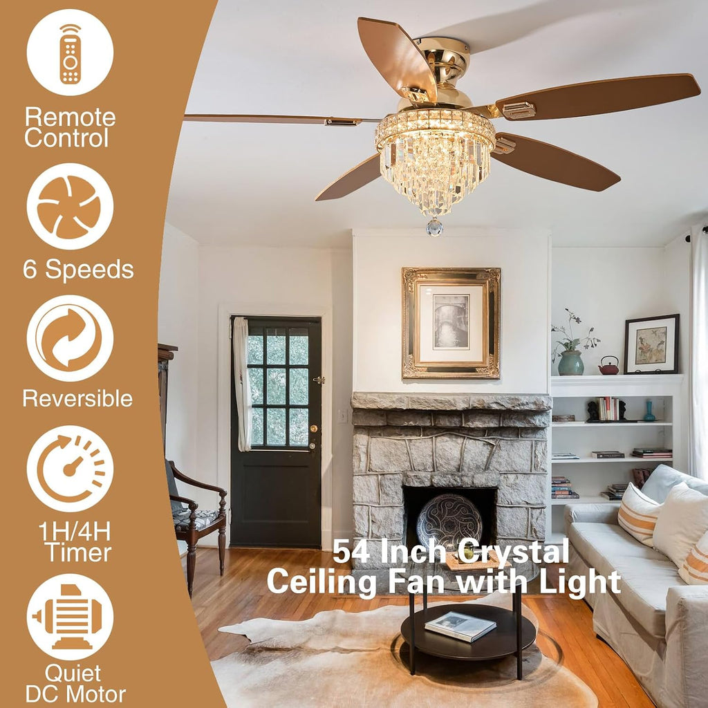Crystal Ceiling Fan Fandelier with Lights-Ceiling Fans with Lights,54' Low Profile and Remote Control, Flush Mount, Reversible, Dimmable, Noiseless,Gold Ceiling Fan for Bedroom