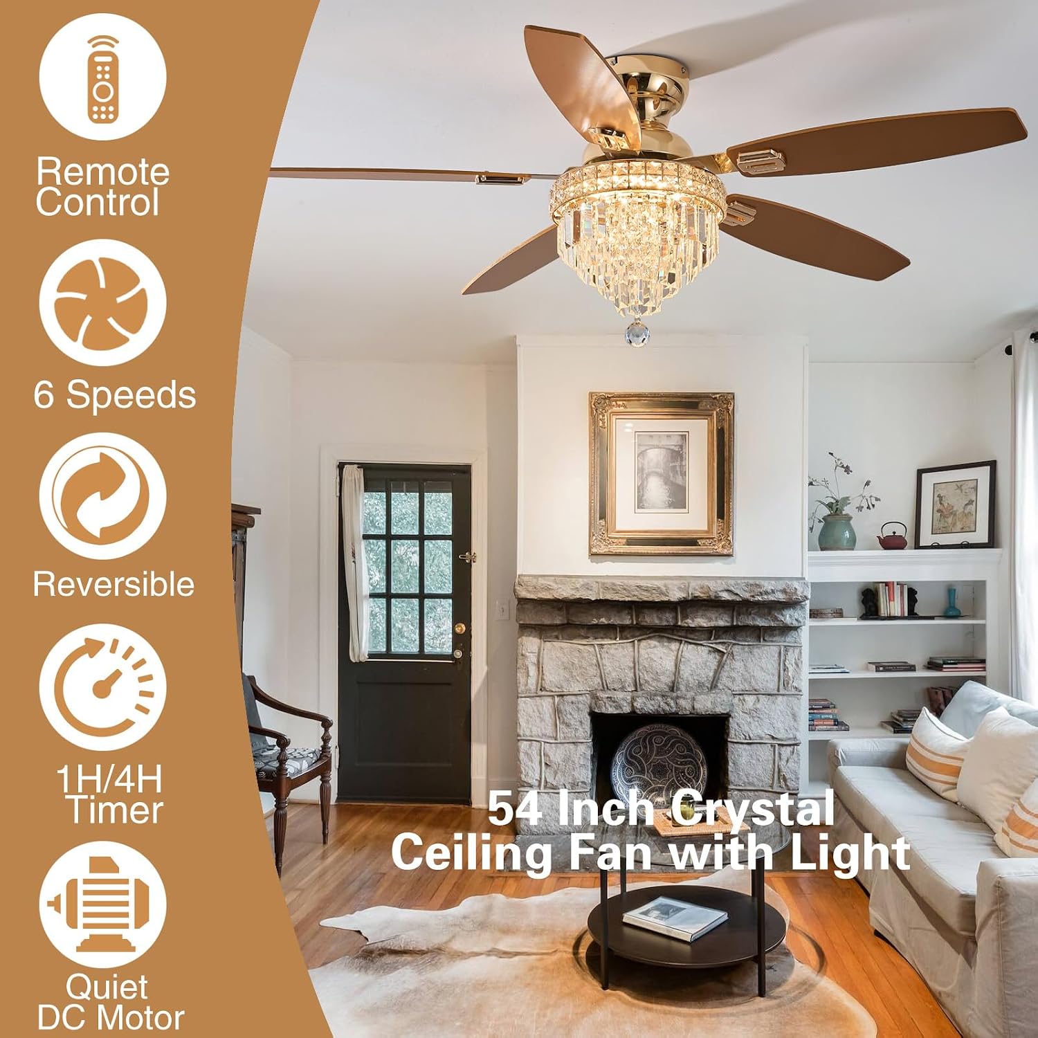 Crystal Ceiling Fan Fandelier with Lights-Ceiling Fans with Lights,54' Low Profile and Remote Control, Flush Mount, Reversible, Dimmable, Noiseless,Gold Ceiling Fan for Bedroom