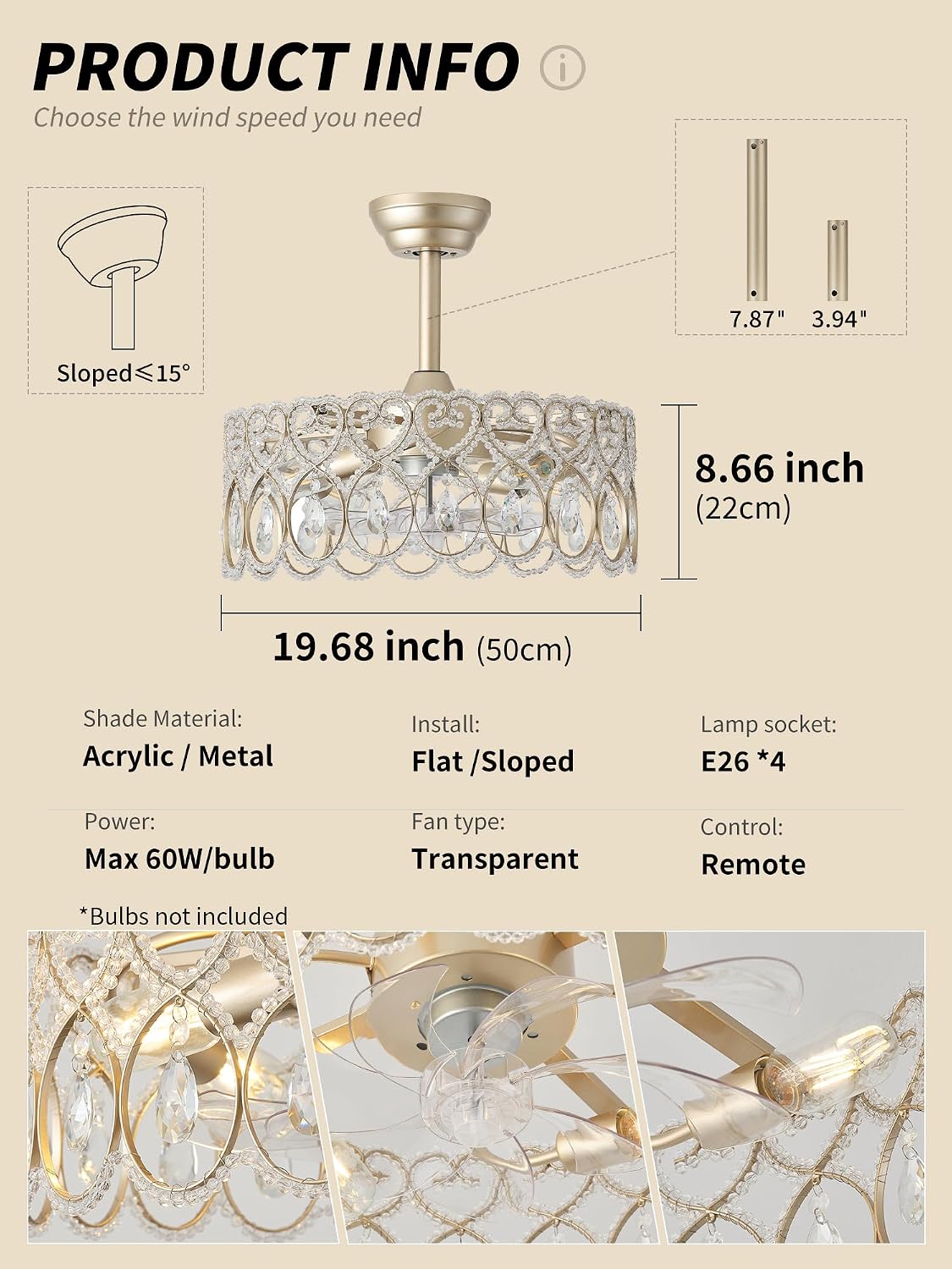SYDACG 20' Gold Crystal Fandelier Ceiling Fans with Lights, Gold Chandelier Ceiling Fan with Light Remote Control, Mid-Century Modern Caged 6 Speeds for Bedroom, Nursery, Foyer, Living Room
