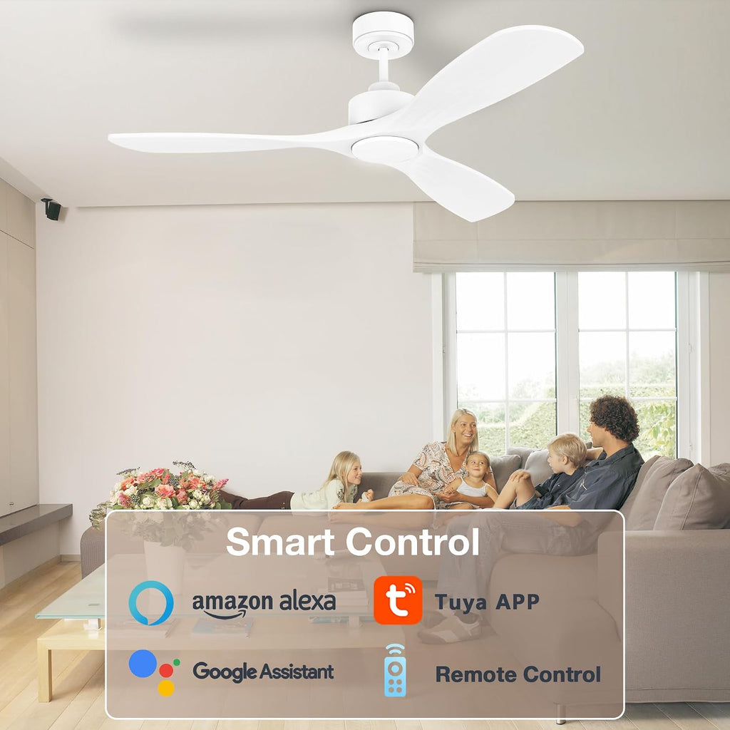 Hoenofly 52' Wood Smart Ceiling Fans with Lights Remote,Quiet DC Motor,Outdoor Indoor Ceiling Fan,Voice Control via WIFI Alexa App,Dimmable,Modern White Lighting& Ceiling Fan for Bedroom Patio Porch