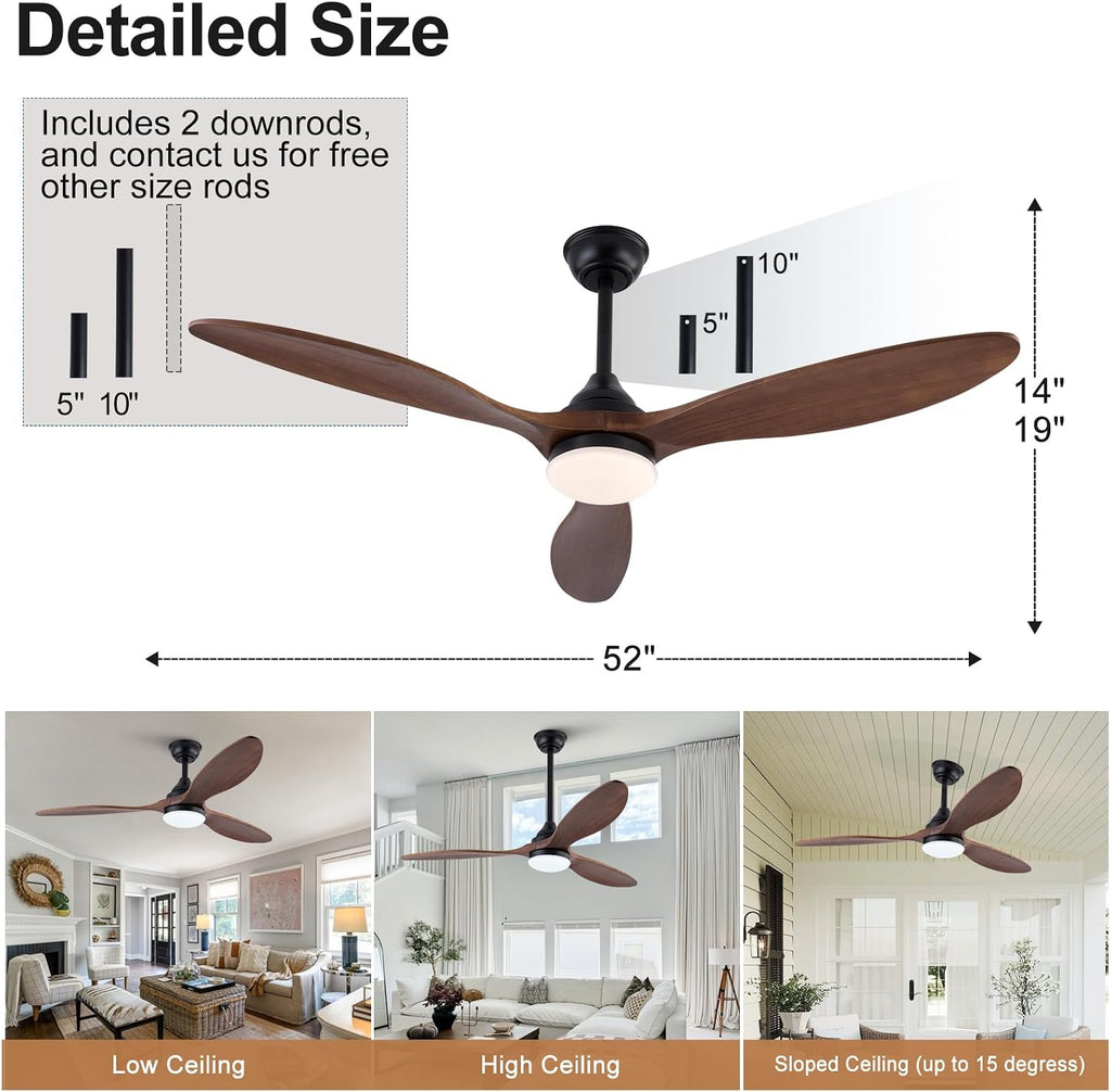 52 Inch Solid Wood Outdoor Ceiling Fans with Lights and Remote,Walnut 3 Blades,Dimmable,6 Speed Quiet DC Motor, Indoor Outdoor Ceiling Fan for Patios Bedroom Living Room