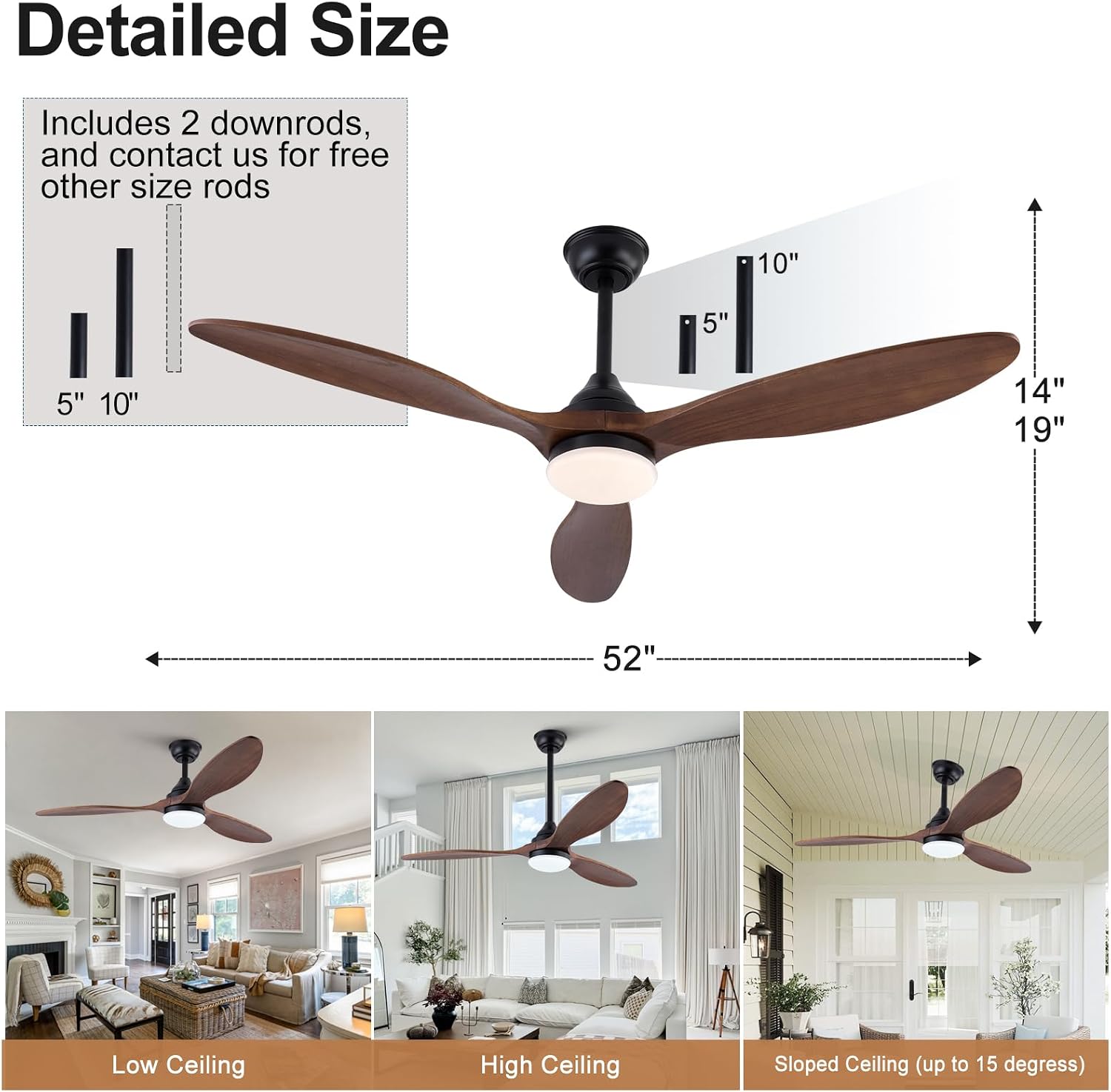 52 Inch Solid Wood Outdoor Ceiling Fans with Lights and Remote,Walnut 3 Blades,Dimmable,6 Speed Quiet DC Motor, Indoor Outdoor Ceiling Fan for Patios Bedroom Living Room