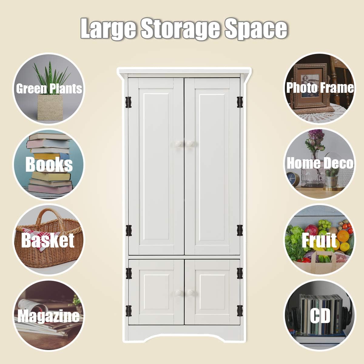 Giantex Accent Floor Storage Cabinet Adjustable Shelves Antique 2-Door Low Floor Cabinet Pantry 24' Lx13 Wx49 H (Cream White)