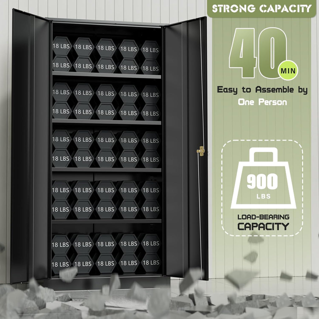 Oakcloud 72' Metal Storage Cabinet Tool Organizer, Lockable Garage Storage Tool Cabinets for Office, Home, School, Locking File Cabinet with 2 Doors and 4 Adjustable Shelves (72' Wide-Black)