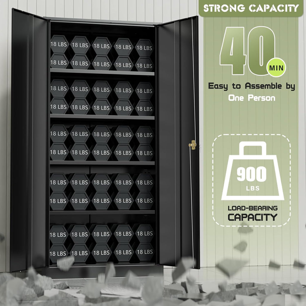 SUNCROWN 72'Metal Storage Cabinets, Locking Cabinet with 2 Doors and 4 Adjustable Shelves, Steel Utility Tool Garage Cabinets,Tall Metal Lockable File Cabinet for Office,Home, Gym, School - Black