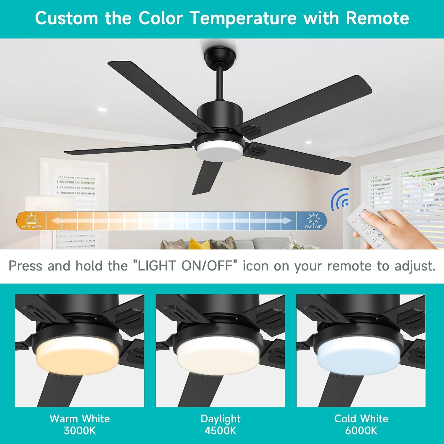 Obabala 60 Inch Ceiling Fan with Light,Ceiling Fans with Remote Indoor Outdoor DC Motor Black Ceiling Fan with Light LED for Patios,Garage,Dining Room, Bedroom, Kitchen, Living Room, Farmhouse