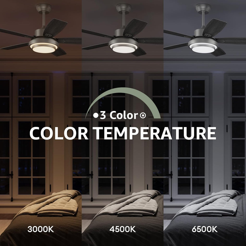 52 Inch Ceiling Fans with Lights and Remote Control, Ceiling Fan for Bedroom Living Room and Patio, Medium Grey Ceiling Fan for Indoor and Outdoor