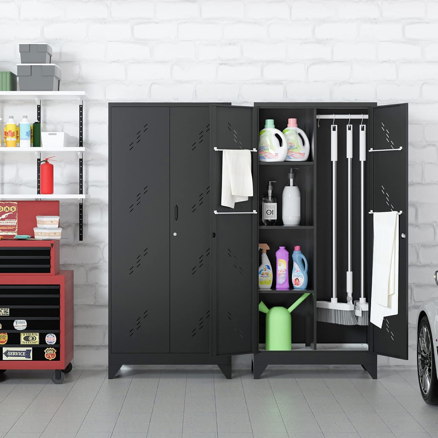 Metal Storage Cabinet with Lock, 71' Garage Storage Cabinets with Hanging Rod & S-Hooks, Large Storage Cabinet, Locking Tool Utility Closet, Black