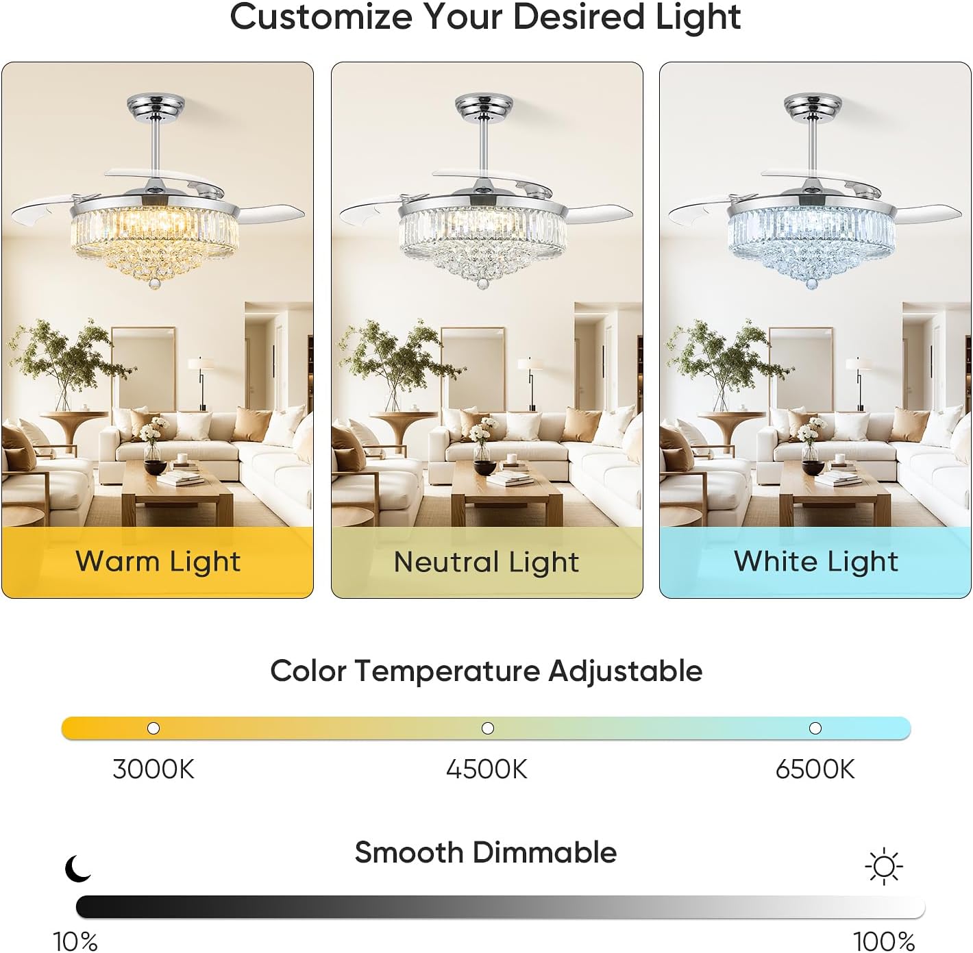 52 Inch Fandelier Ceiling Fan with Light, Retractable Chandelier Fan LED Dimmable Crystal Ceiling Fan for Bedroom Living Room Dining Room-Chrome