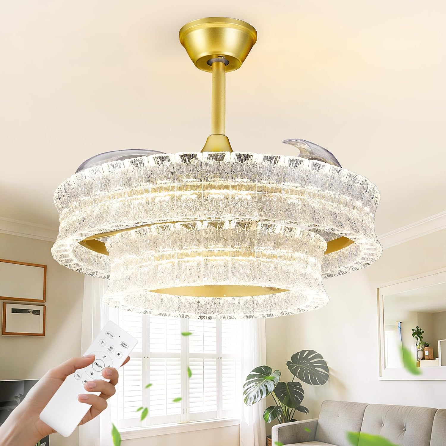 Depuley Crystal Ceiling Fans with Lights: 24' Gold Cagd Fan with Remote Control - Fandelier Fan Light for Girl's Bedroom Living Room Nursery