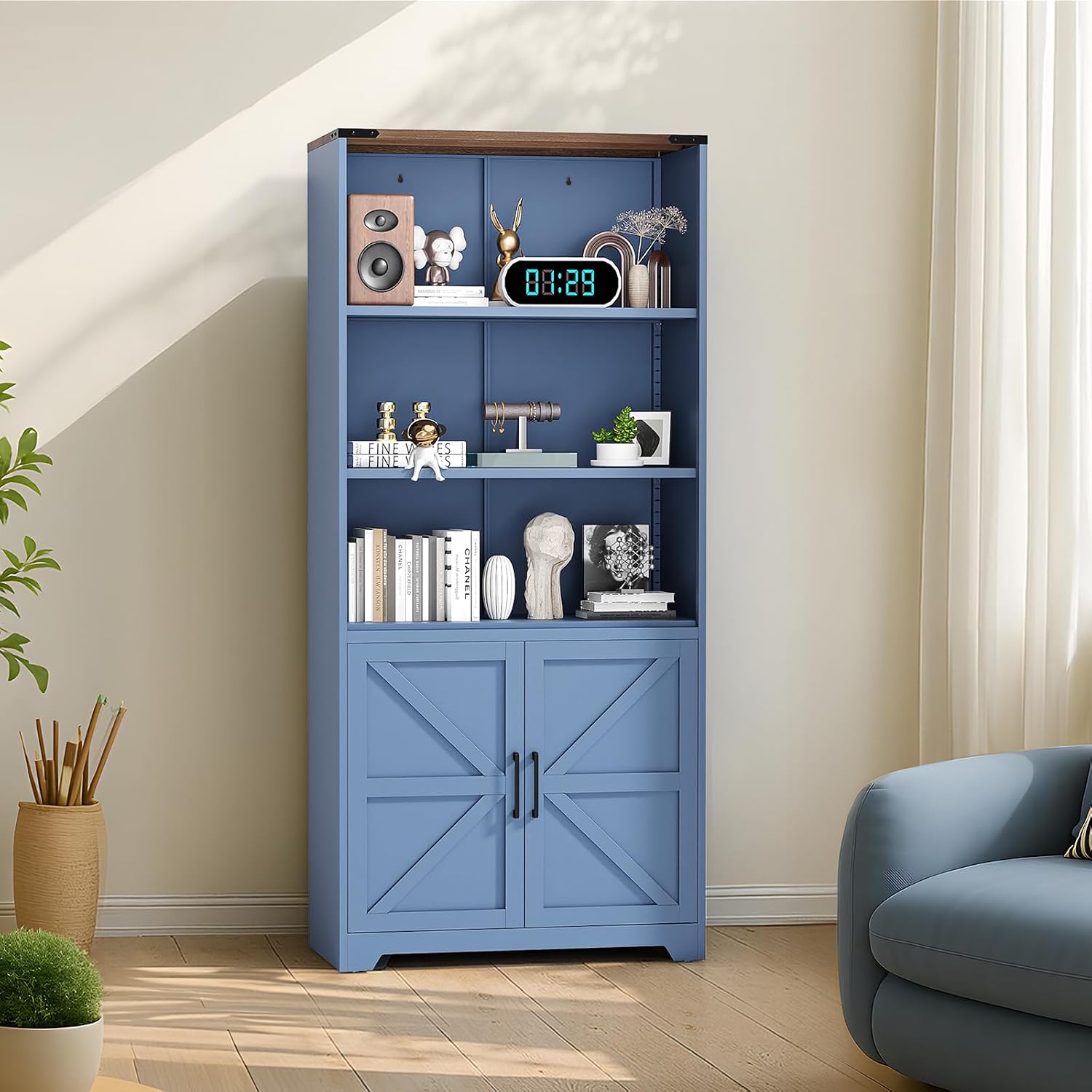 VINGLI Blue Bookcase with Doors and Adjustable Shelves, Steel 70' Tall Bookshelf Display Cabinet, 6-Tier Tall Farmhouse Metal Storage Cabinet for Study, Living Room, Home Office, Kitchen Pantry