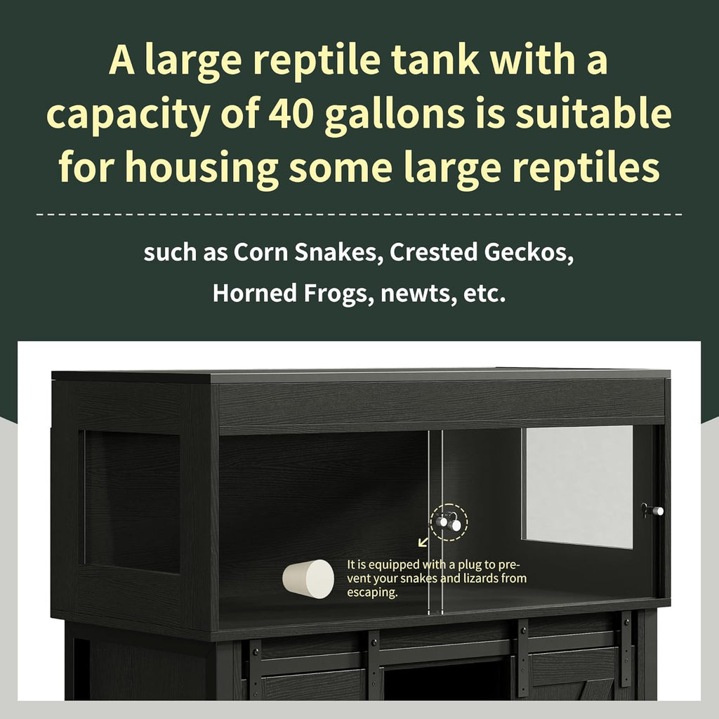 Herture 40 Gallon Reptile Terrarium with Stand, Reptile Tank with Barn Door and Storage, Vivarium with Acrylic Doors, Ventilated Mesh Top & Power Outlet, for Geckos, Lizards, Snakes Black PX06RTB