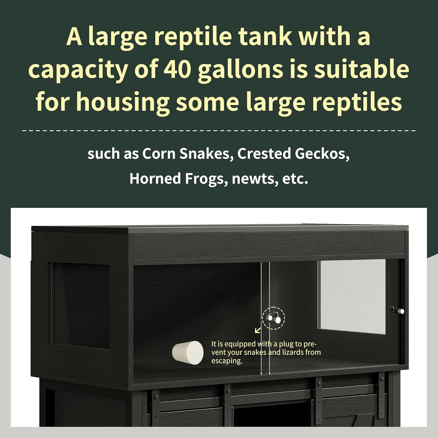 Herture 40 Gallon Reptile Terrarium with Stand, Reptile Tank with Barn Door and Storage, Vivarium with Acrylic Doors, Ventilated Mesh Top & Power Outlet, for Geckos, Lizards, Snakes Black PX06RTB