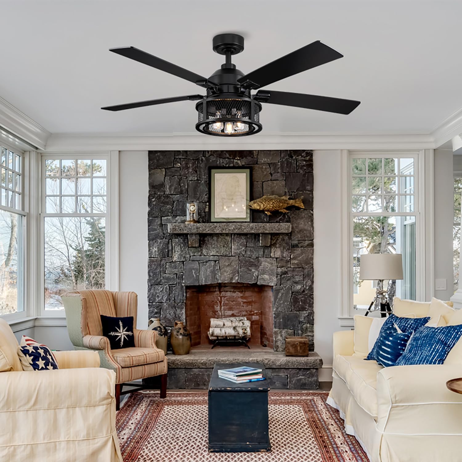 Ceiling Fans with Lights and Remote 52 Inch Farmhouse Rustic Ceiling Fan for Bedroom Living Room Black Chandelier Ceiling Fan with E12 Socket, 3 Speeds, Reversible 5 Blades, Timer, Ventilador de Techo
