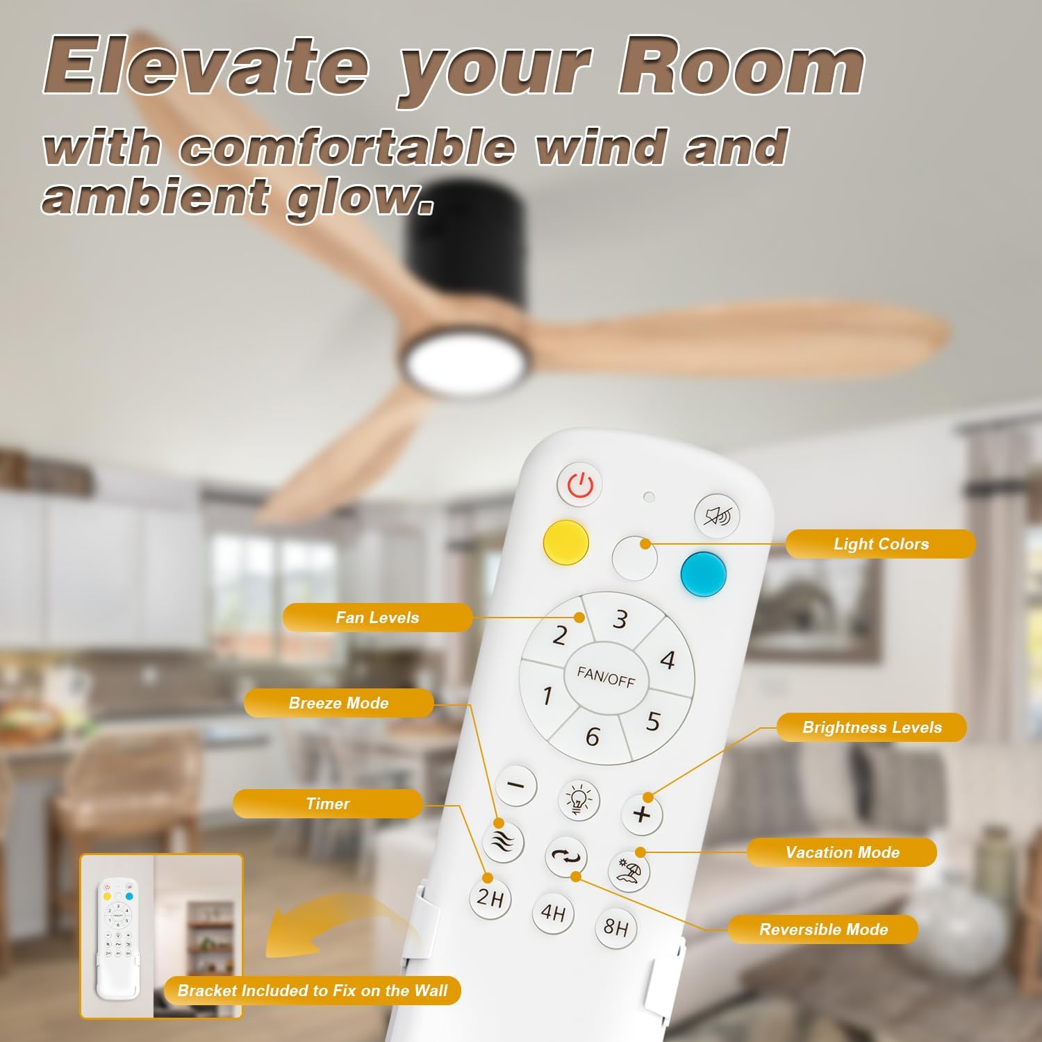 VACILL Flush Mount Ceiling Fan with Light,Low Profile Ceiling Fan,Natural Wooden Fan Blades,6 Speed,LED Dimmable,DC Motor,52 inch,Natural Wood Blade
