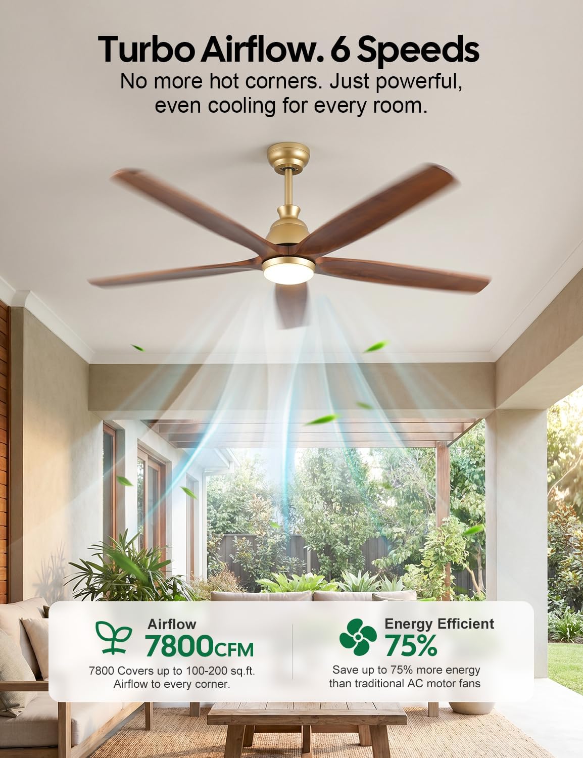 52 Inch Ceiling Fan with Lights, Gold Brass Finish, Solid Wood Ceiling Fan, Outdoor Damp Rated for Patio, High CFM Quiet Reversible DC Motor, Rustic Farmhouse Blades, for Indoor Living Room Bedroom
