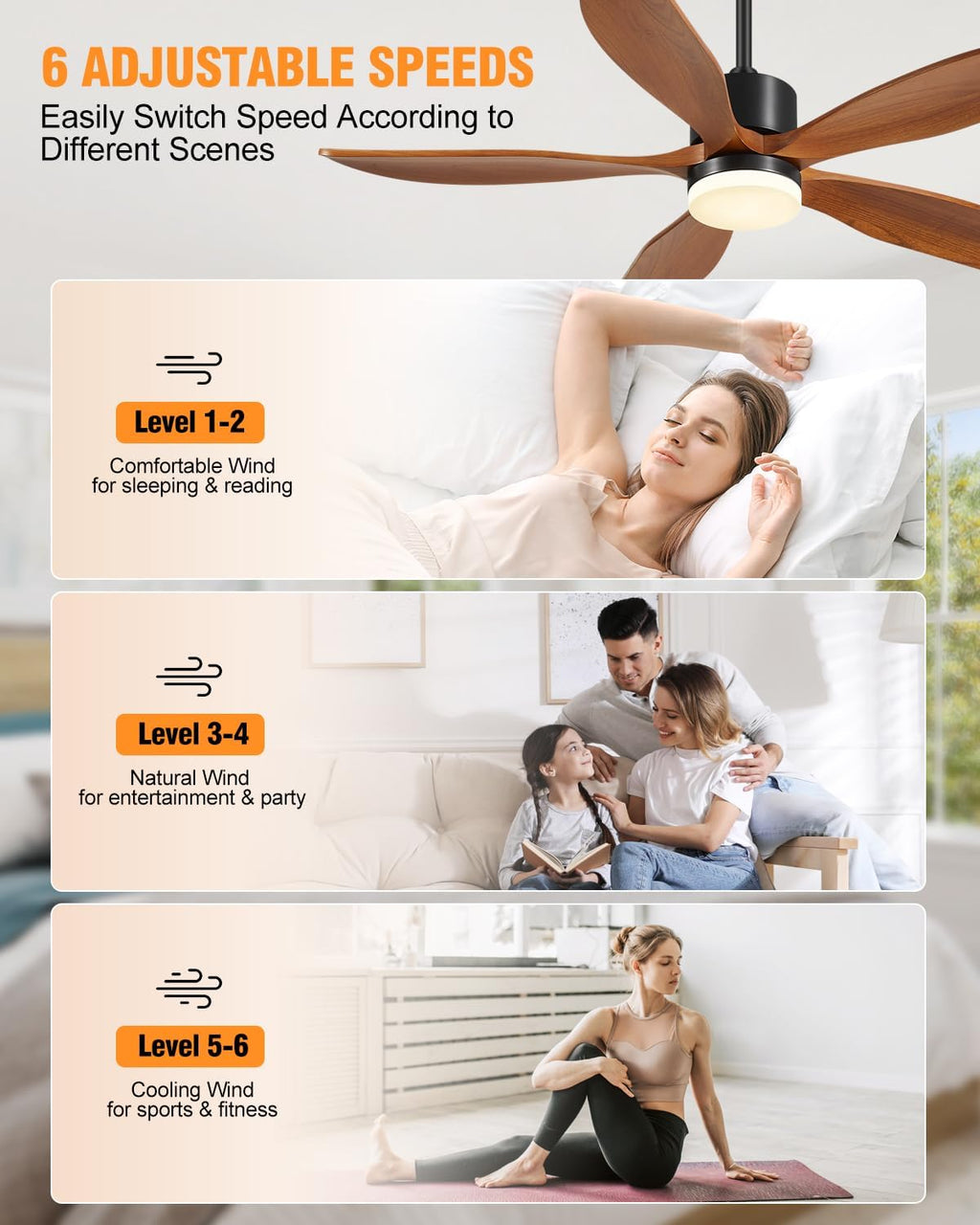 Yahada 72 Inch Ceiling Fan with Light and Remote Control, USA Patented Indoor and Outdoor Ceiling Fan with 5 Blades, 3 Downrods, Timer, 6 Speed ETL Certified DC Motor, Ideal for Bedroom Patio, Walnut