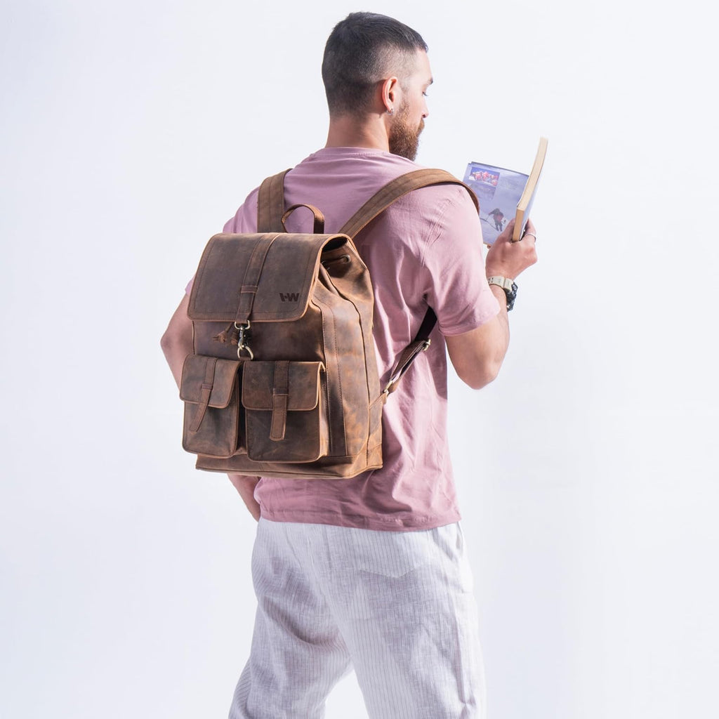 Handmade World Full Grain Buffalo Leather Backpack for Men Fit Upto 17 Inch Laptop Travel Business Rucksack Trailblaze Expedition Vintage Brown Carry On Work Bag Travel Knapsack