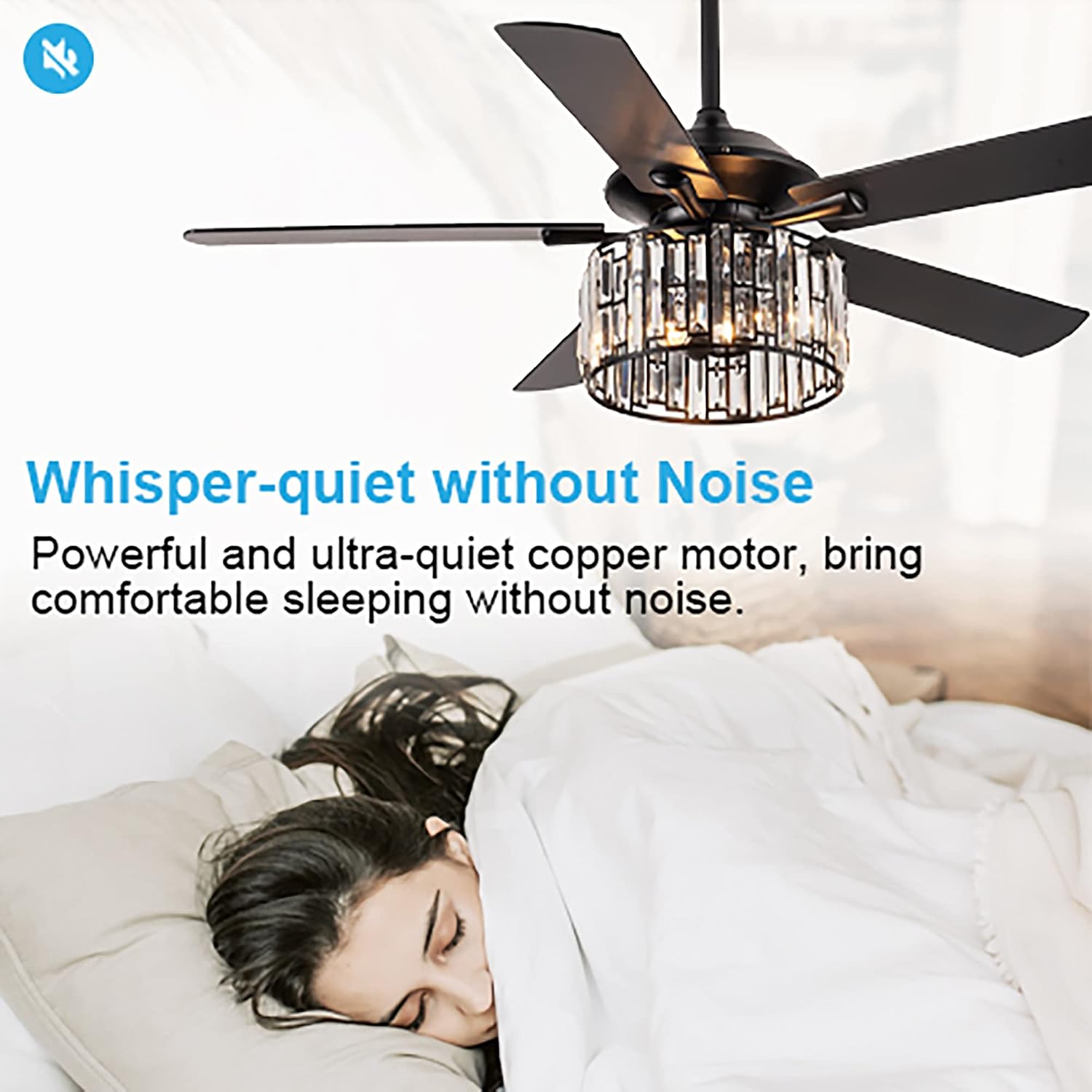 Parrot Uncle Ceiling Fans with Lights and Remote Black Ceiling Fan with Light for Bedroom Crystal Chandelier Fans, Reversible Motor, Timer, E26 Lamp Base, 52 Inch