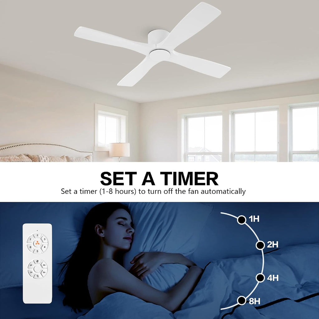 WINGBO 54 Inch Flush Mount DC Ceiling Fan without Lights, 4 Reversible Carved Wood Blades, 6-Speed Noiseless DC Motor, Huger Ceiling Fan No Lights in Gloss White with White Blades