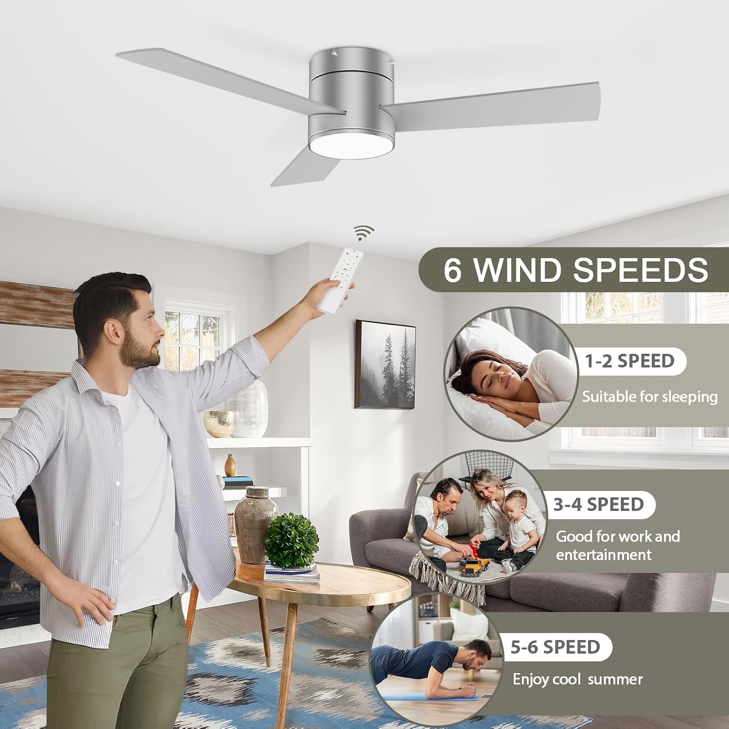 GESUM 42 Inch Ceiling Fan with Lights, Flush Mount Ceiling Fans with Remote Control, Dimmable, 3CCT, Reversible, Nickel Bedroom Ceiling Fans with 3 Blades for Patios Bedroom Kitchen Porch (Nickel)