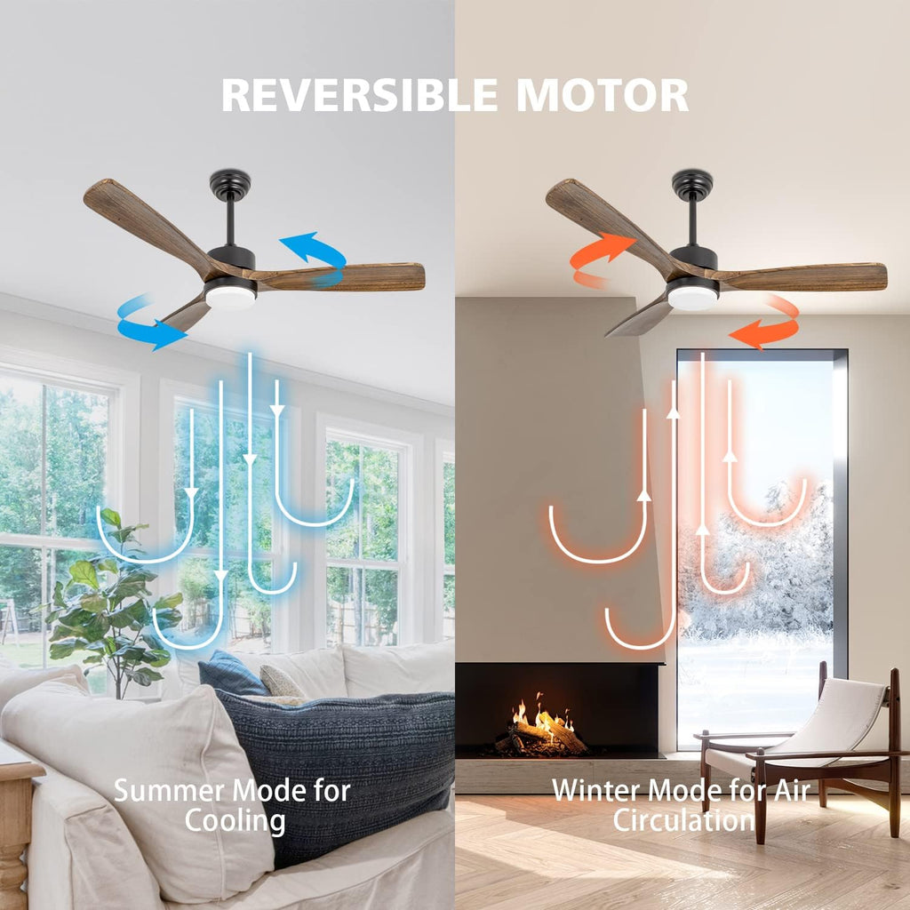 52 inch Wood Ceiling Fans with Lights and Remote, Modern Ceiling Fan with Light, 3 Color Light, 6 Speed, DC Motor, for Bedroom/Outdoor/Farmhouse/Patios, Walnut Black