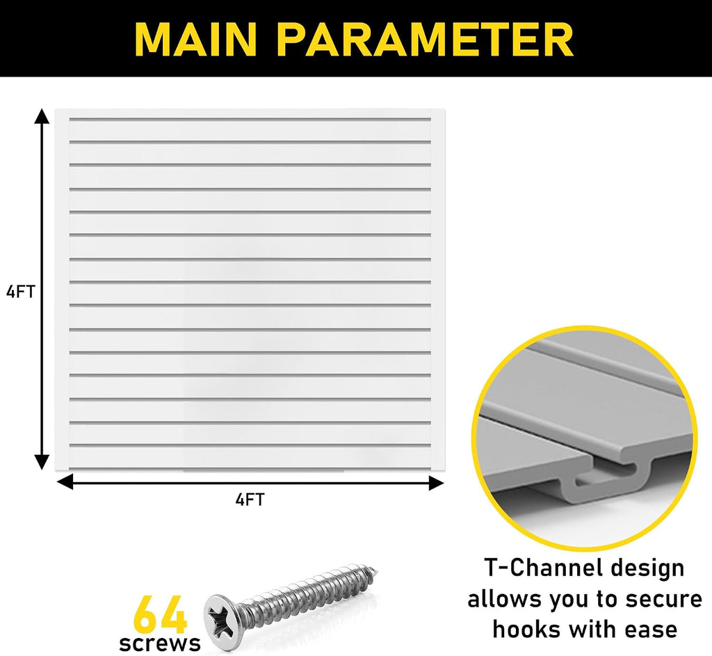 Heavy Duty 4x4 PVC Garage SlatWall Storage System (with Endcaps & Screws) - Modular Slat Wall Paneling for Garage Wall Organizer - Interlocking SlatWall Panels for Home & Commercial Use (White)