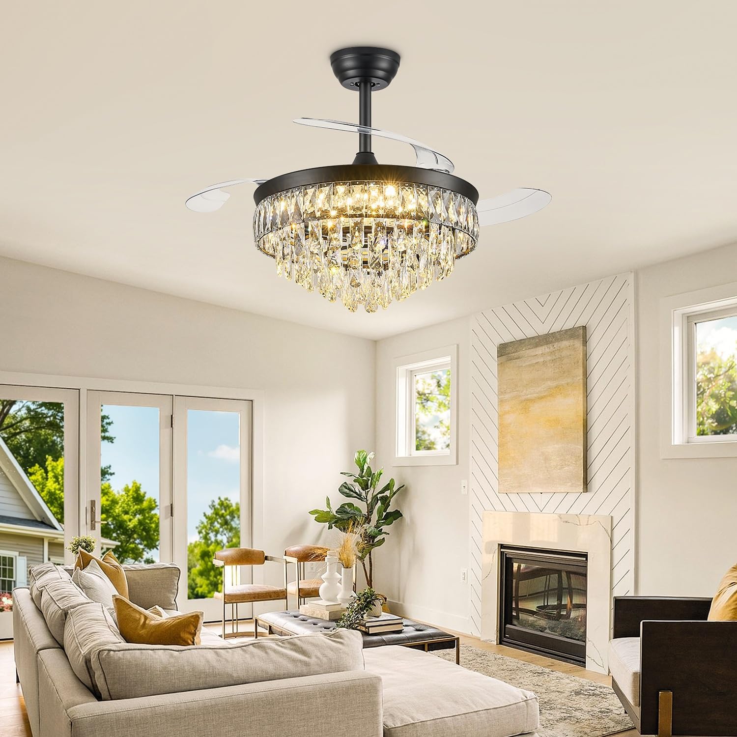 42'' Chandelier Ceiling Fan with Lights, Retractable Fan with Remote and APP, Crystal Fandelier Ceiling Fan, Dimmable LED, Reversible Motor, Quiet for Bedroom Living Room-Black