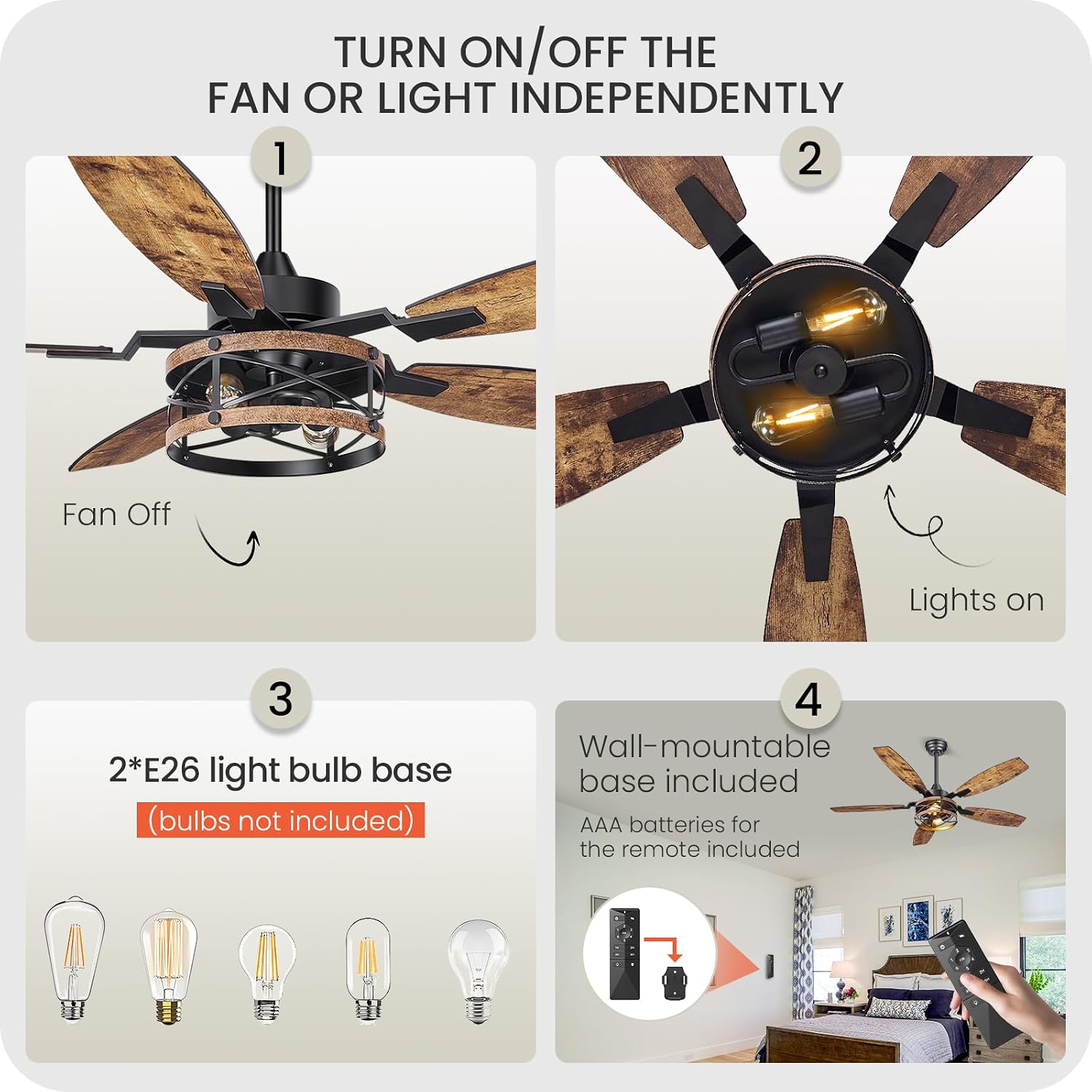 50 Inch Farmhouse Ceiling Fan with Lights and Remote, Timer, Dual Finish 5 Blades (Rustic Brown and Black), 6 Speeds, Reversible DC Motor, Rustic & Industrial Caged Ceiling Fan for Bedroom B04CF05