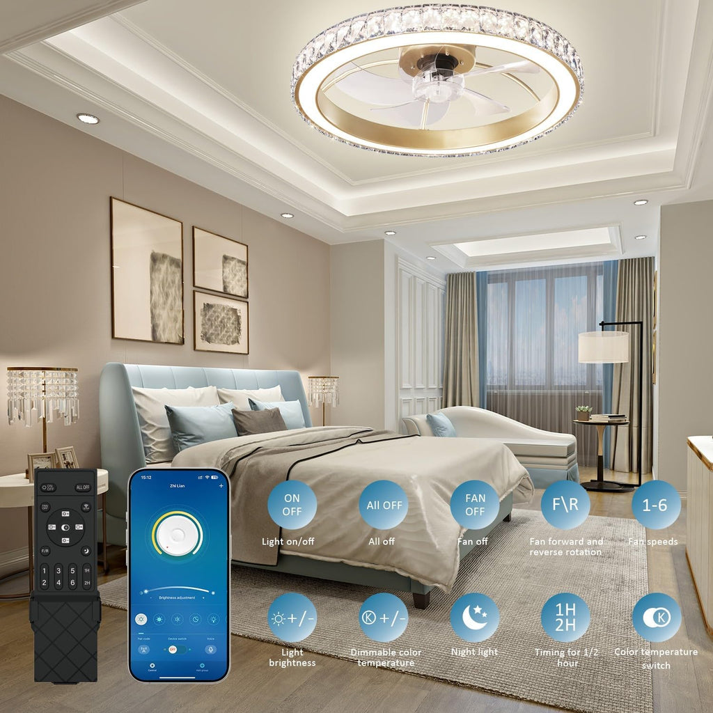 Aipsun Low Profile Modern Crystal Chandelier Ceiling Fans with Lights and Remote, 3000K-6500K Smart Bladeless LED Fan Light, 22' Gold Modern Ceiling Fans with Lights for Bedroom