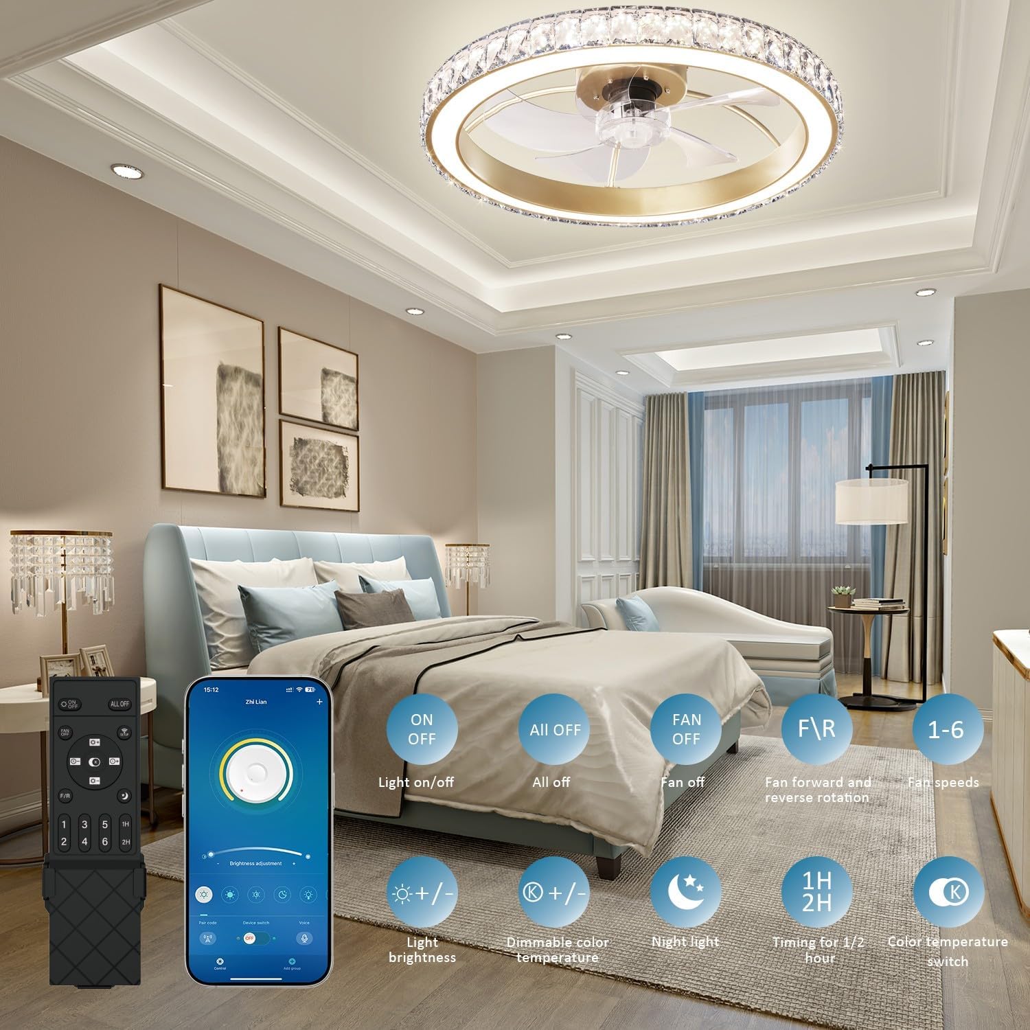 Aipsun Low Profile Modern Crystal Chandelier Ceiling Fans with Lights and Remote, 3000K-6500K Smart Bladeless LED Fan Light, 22' Gold Modern Ceiling Fans with Lights for Bedroom