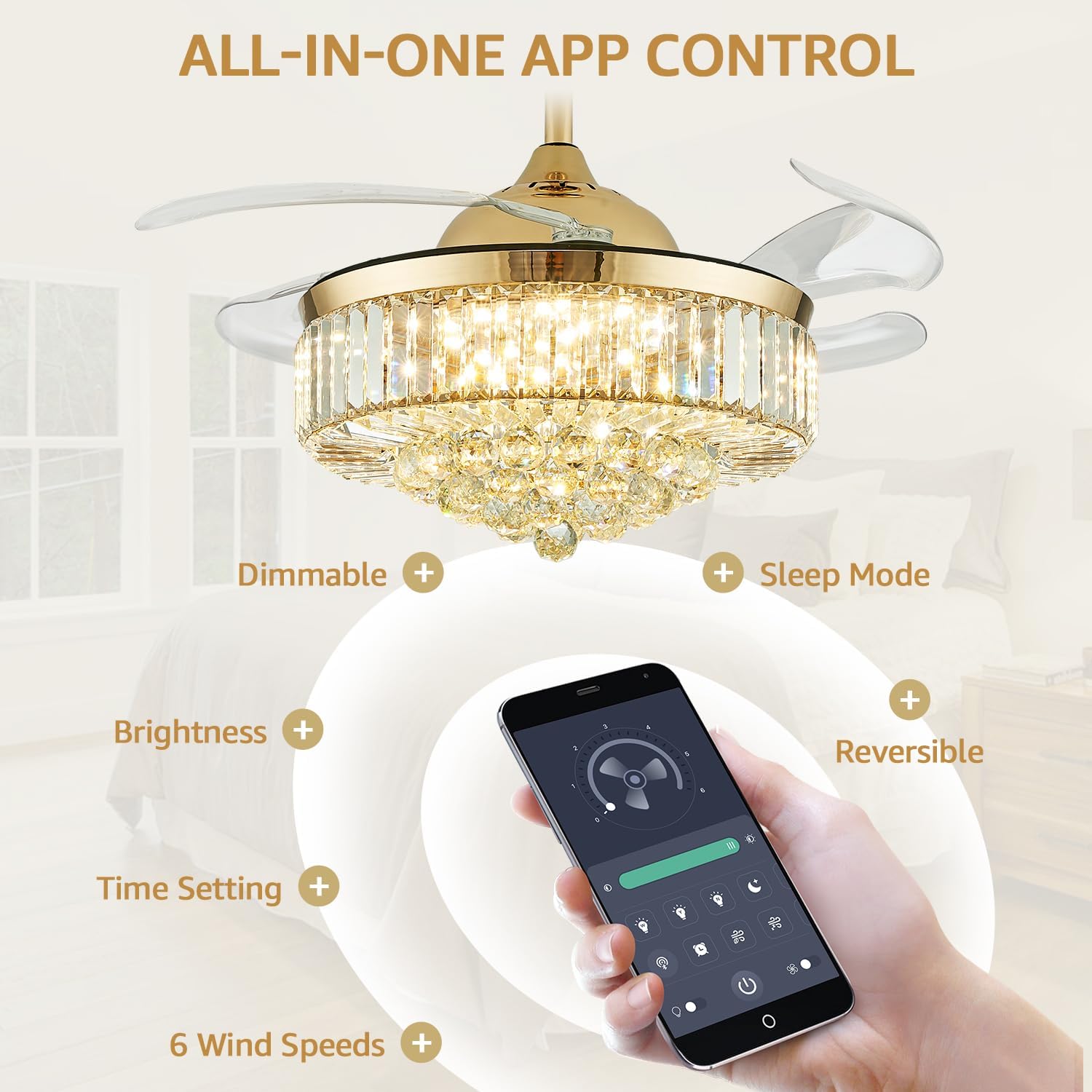 42 Inch Crystal Ceiling Fan with Light and Remote Modern Gold Dimmable Fandelier Invisible Retractable Chandelier Fan for Bedroom Living Room Dining Room