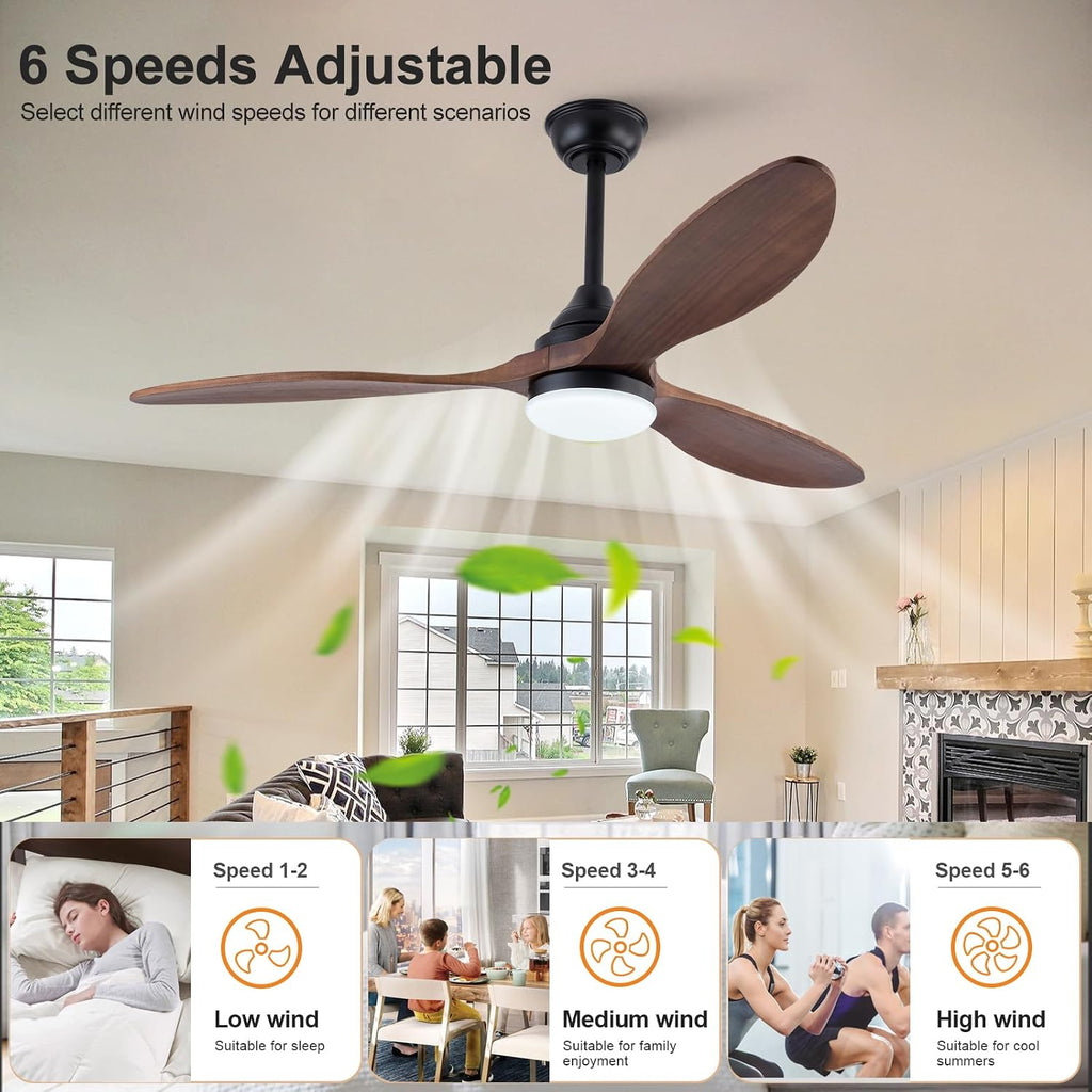 52 Inch Solid Wood Outdoor Ceiling Fans with Lights and Remote,Walnut 3 Blades,Dimmable,6 Speed Quiet DC Motor, Indoor Outdoor Ceiling Fan for Patios Bedroom Living Room