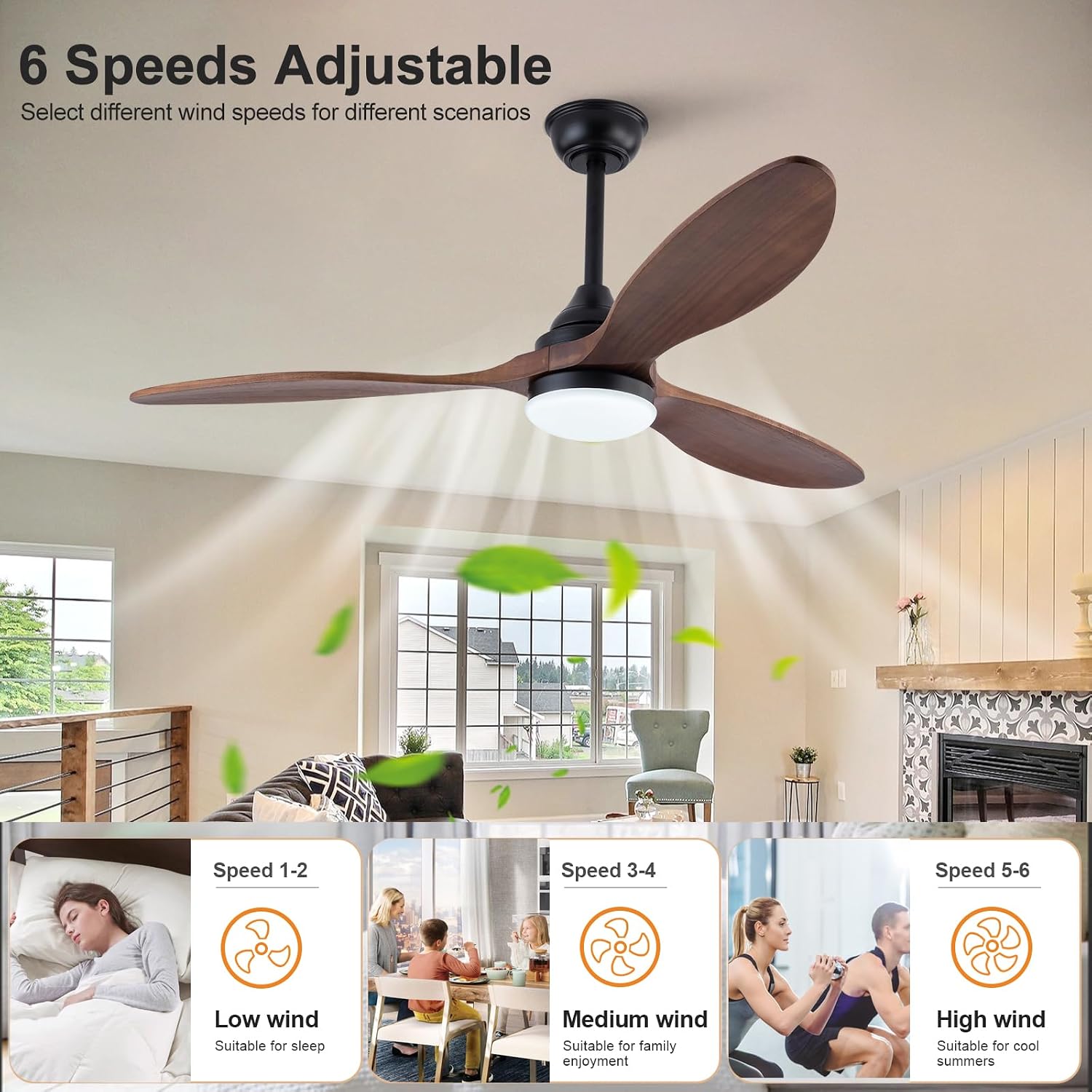 52 Inch Solid Wood Outdoor Ceiling Fans with Lights and Remote,Walnut 3 Blades,Dimmable,6 Speed Quiet DC Motor, Indoor Outdoor Ceiling Fan for Patios Bedroom Living Room