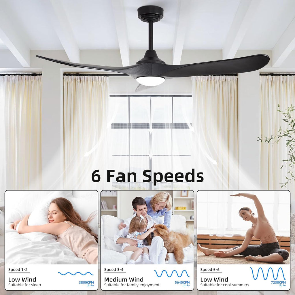 52' Outdoor Ceiling Fan with Light and Remote via WiFi Alexa, 3 Black Solid Wood Blade, Noiseless Reversible Dc Motor, Smart Outdoor Wood Ceiling Fan for Farmhouse Patios, Black