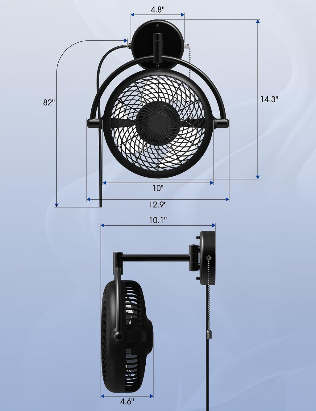 Wall Mount Fans with Pull Chain, 10 Inch Wall Fans Quiet Oscillating Wall-Mounted Fan, Adjustable Folding Arm, 2-Speed Plug-in Fan for Bedroom, Living Room, Garage, Bathroom, Patio, Kitchen, Black