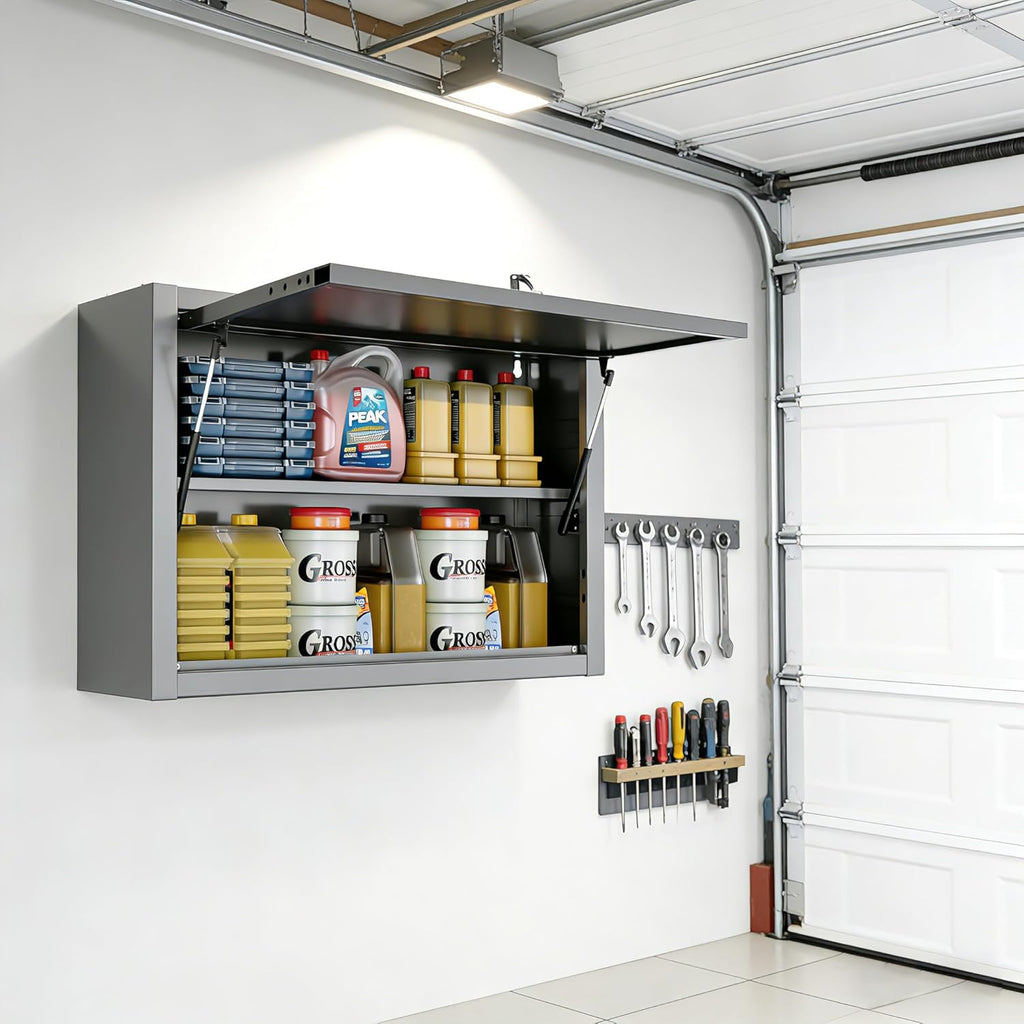 JZD Metal Wall Cabinet with Removable Shelf, Lockable Hanging Cabinet with Up Flip Door, for Kitchen Warehouse Utility Room Garage
