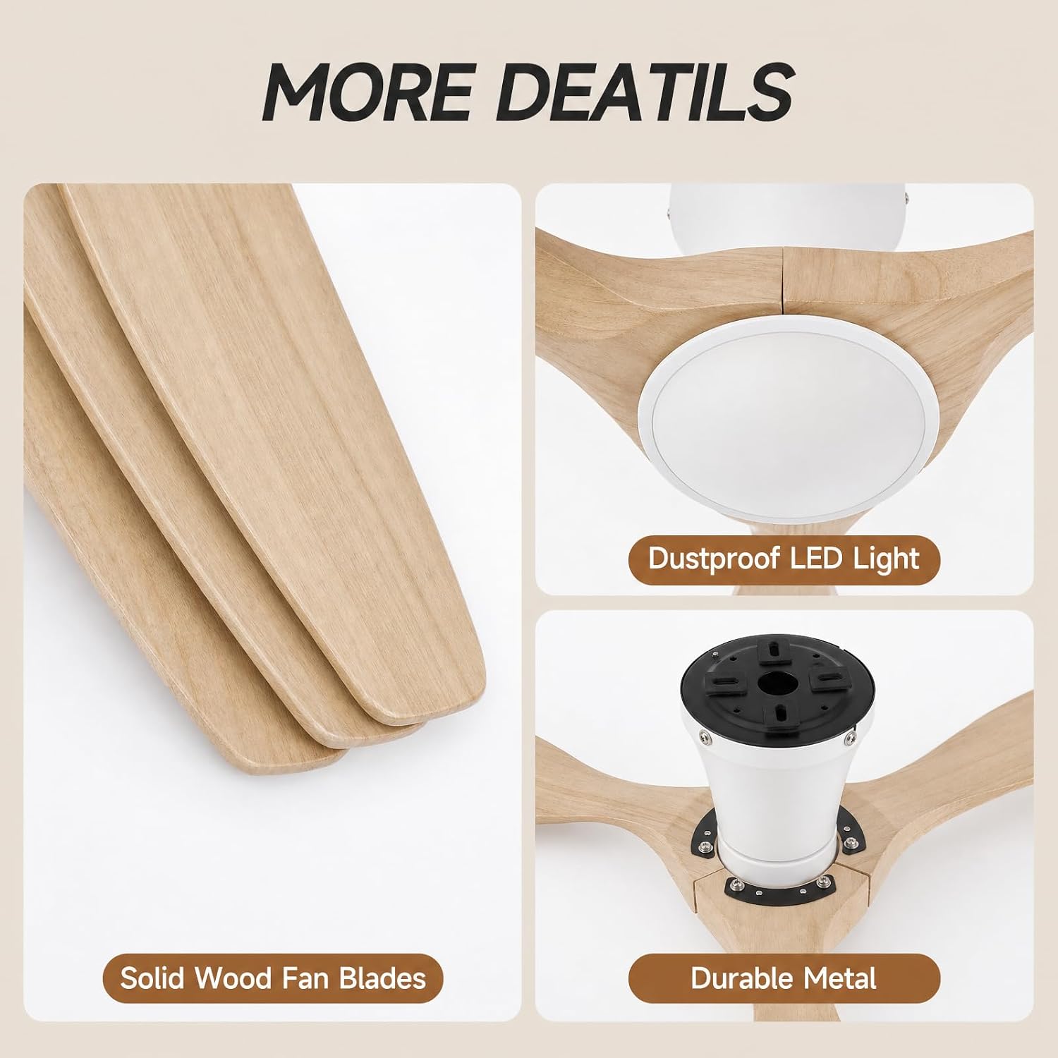 Skylike 42' Flush Mount Wood Ceiling Fan with Lights, 3 Blade Low Profile Farmhouse Ceiling Fan with Remote Control,Quiet Indoor/Outdoor Light Walnut Ceiling Fan for Patio,Gazebo, Balcony, Living Room