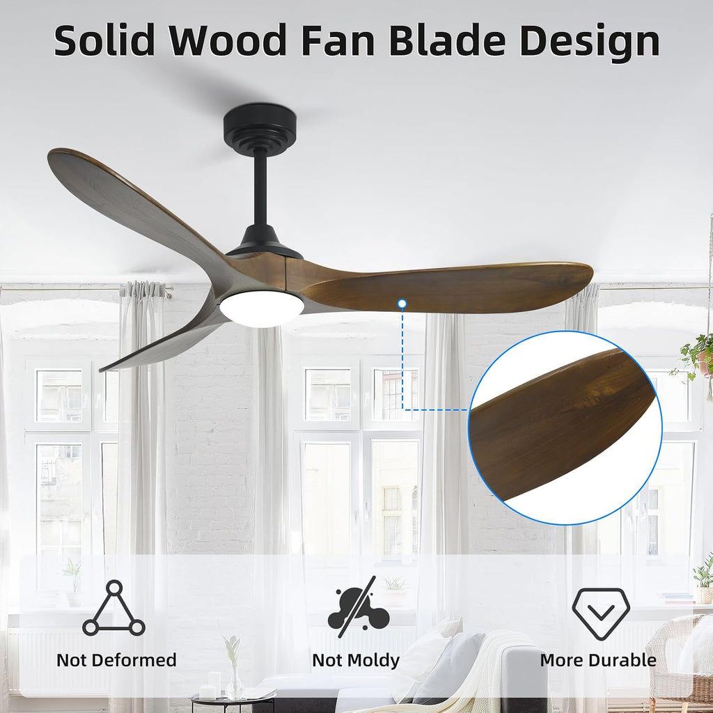 52' Outdoor Ceiling Fan with Light, Compatible with Alexa/Google, 3 Walnut Solid Wood Blade, Noiseless Reversible Dc Motor, Smart Outdoor Wood Ceiling Fan for Farmhouse Patios, Bronze