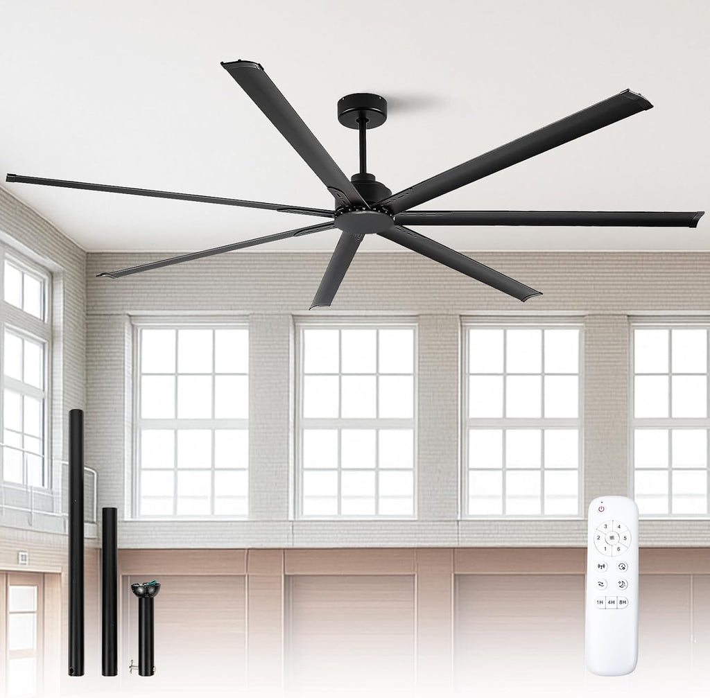 Minislak 96 Inch HVLS Aluminum 7 Blades Industrial & Commercial Ceiling Fan no Light,8ft High CFM DC Motor,6-Speed,Indoor Outdoor Ceiling Fan for Patio,Garage,Shop,Library(Black)