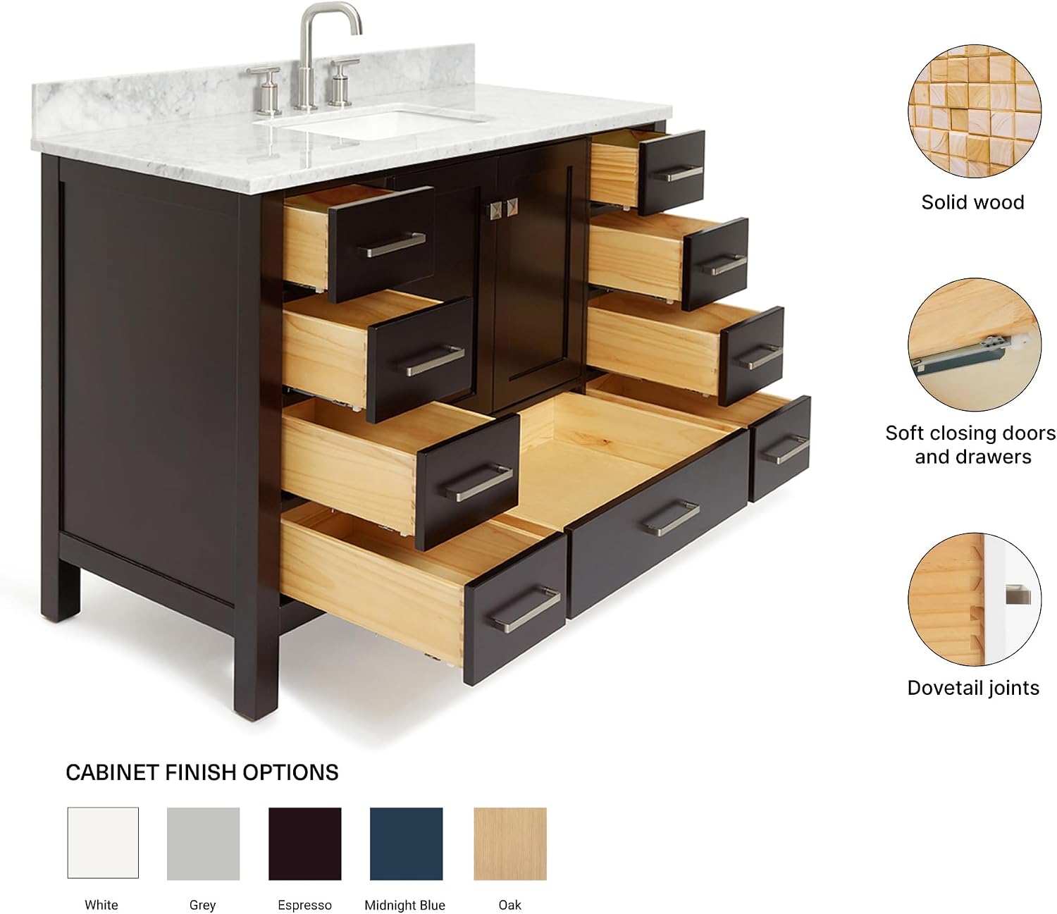 ARIEL Cambridge 48-inch Bathroom Vanity with Sink,Solid Wood, 0.75-inch Italian Carrara Marble Countertop, Single Rectangular Porcelain Sink, 2 Soft Closing Doors, 9 Dovetail Drawers, Espresso