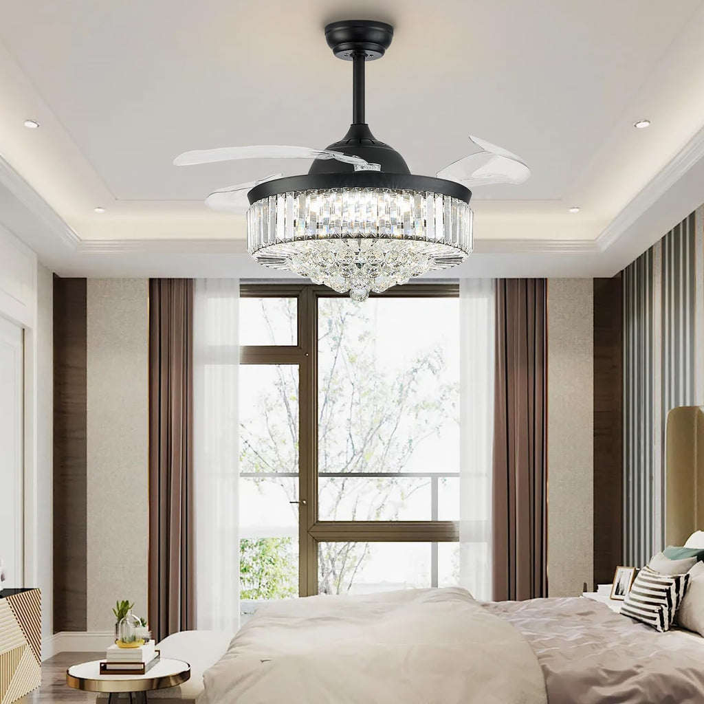 FIDGRA 42'' Fandelier Ceiling Fan with Light, Retractable Chandelier Fan, 3 Color Temperature, 6 Wind Speed, Crystal Ceiling Fan for Bedroom Living Room Dining Room-Black