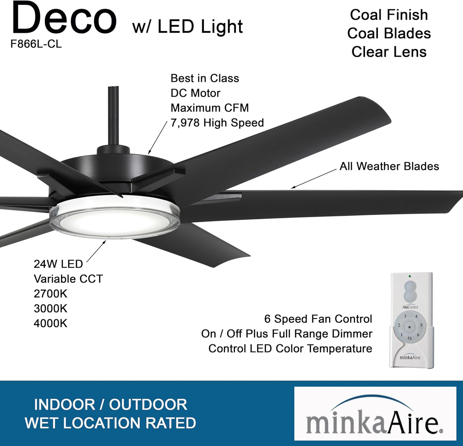 MINKA-AIRE F866L-CL Deco 65' Outdoor Ceiling Fan with LED Lights, Coal
